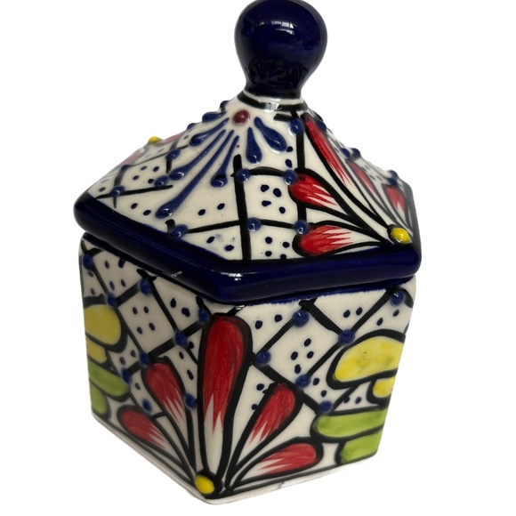 Mexican Trinket Box Art Pottery Lidded Ceramic Alba Mexico Floral 3D Blue Yellow - Picture 4 of 5